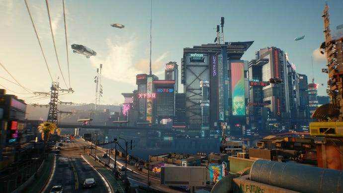 A look at the skyline of Night City during the day in Cyberpunk 2077.