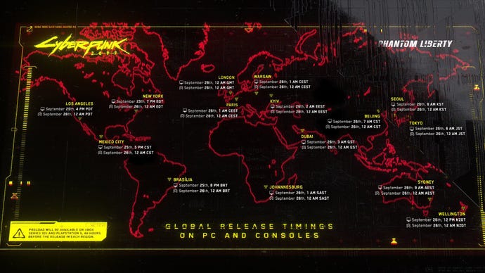 An image showing Cyberpunk 2077 release times in various regions.