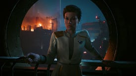 A shot of a woman, who may or may not be the president of the New United States, in the Cyberpunk 2077 Phantom Liberty expansion