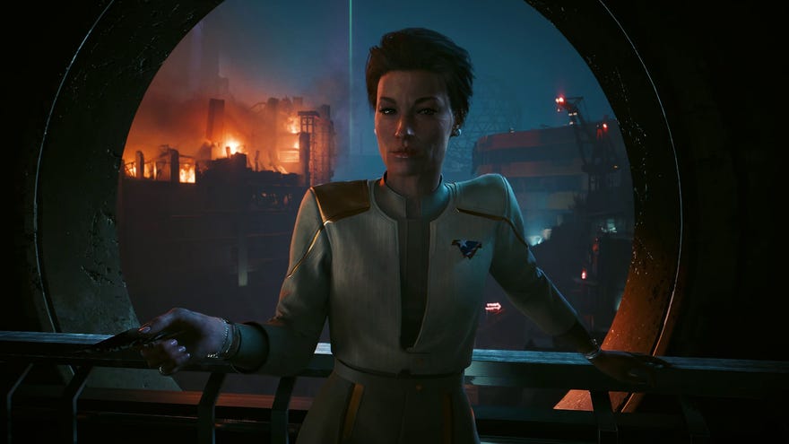 A shot of a woman, who may or may not be the president of the New United States, in the Cyberpunk 2077 Phantom Liberty expansion