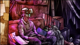 Cyberpunkdreams - An illustration of a character sitting on a couch surrounded by garbage wearing a VR headset.