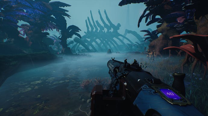 A player walks into the swamp in The Cycle: Frontier holding an ICA Guarantee LMG.