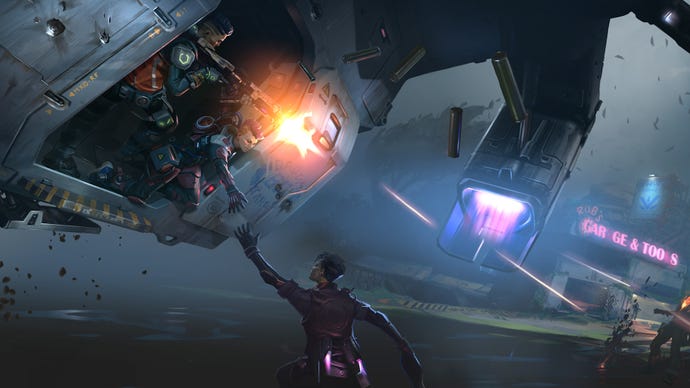 Concept art for The Cycle: Frontier depicting two players in a departing dropship reaching to help up a fellow prospector.