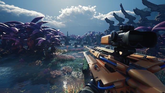The player walks through the swamp with a KARMA Sniper Rifle in The Cycle: Frontier.