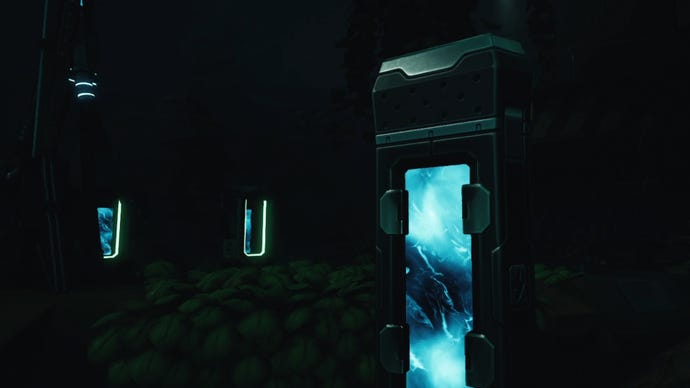 The player in The Cycle: Frontier carries a battery to its required location to complete a puzzle in the middle of a storm.