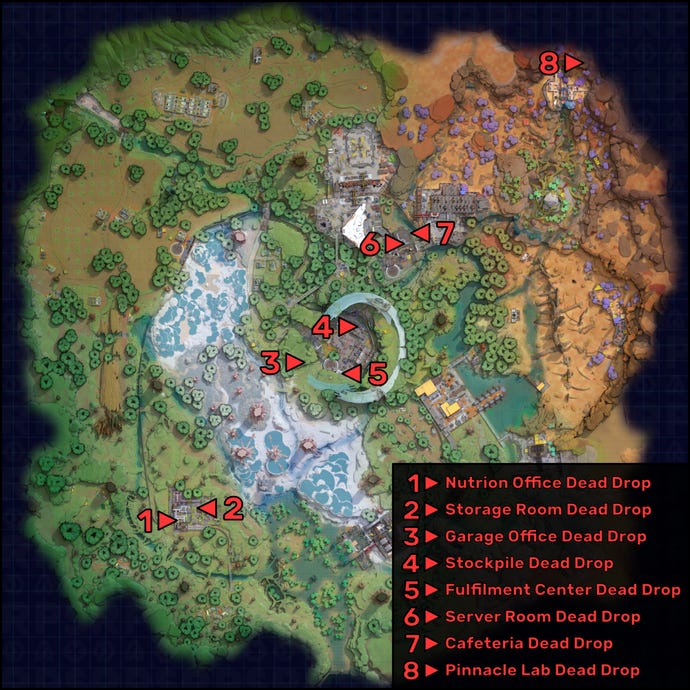 The map Crescent Falls in The Cycle: Frontier, with the locations of all dead drops marked.