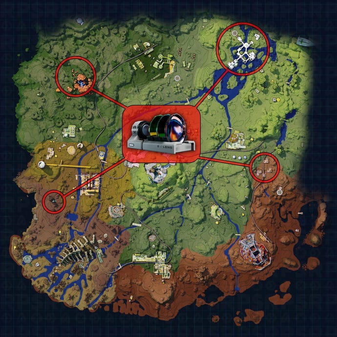 A map of Bright Sands in The Cycle: Frontier, with the locations of some prime spots for gathering Optic Glass highlighted.