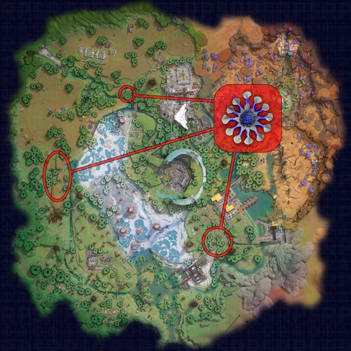 A map of Crescent Falls in The Cycle: Frontier, with the best locations to find Pale Ivy Blossom highlighted.