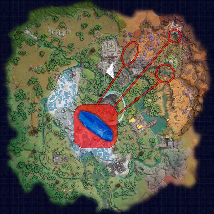 A map of Crescent Falls in The Cycle: Frontier, with the best locations to find Veltecite marked.