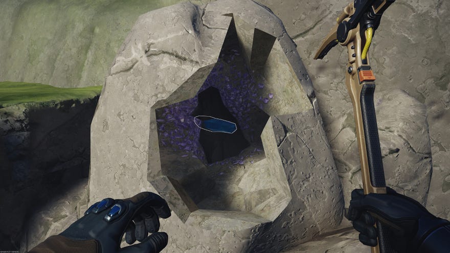 The player uses a pickaxe to mine a Veltecite ore vein in The Cycle: Frontier, exposing some Veltecite within the rock.