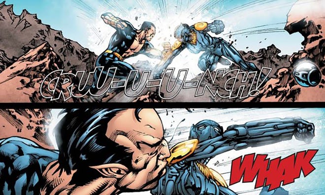 Shuri faces Namor in a suit of armor. From Black Panther (2009) #11. Written by Jonathan Mayberry, Pencils by Ken Lashley, Inks by Paul Neary, Colors by Peter Pantazis, Letters by Clayton Cowles.