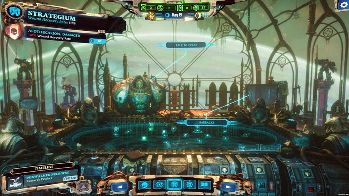Ectar presides over the Strategium in a gothic-looking spaceship in Warhammer 40K: Chaos Gate - Daemonhunters