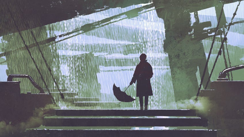Artwork for the Daily Dread TRPG depicting someone waiting in the rain.