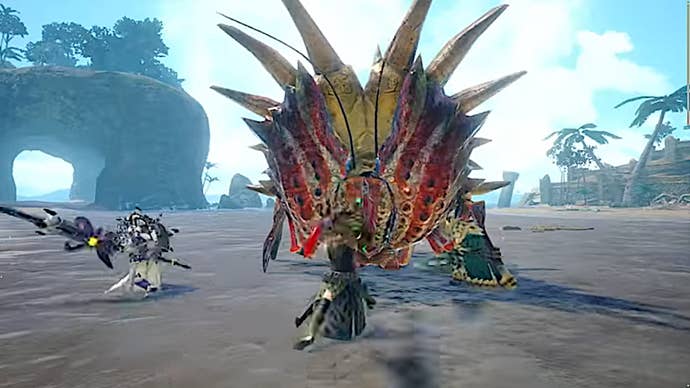 A party of hunters faces a Daimyo Hermitaur on the beach