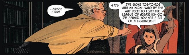 Interior comic page, showcasing Damian Wayne pulling a gun away from a cop