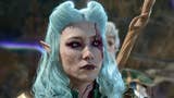 An femine elven character in Baldur's Gate 3, with pale blue hair, scarred face and a purple tattoo whisping out like smoke from her eye, looks up at the camera with a forlorn expression.