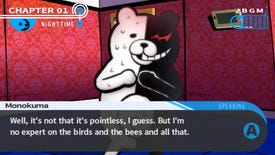 Monokuma talks about 'the birds and the bees and all that' in a Danganronpa: Trigger Happy Havoc screenshot.
