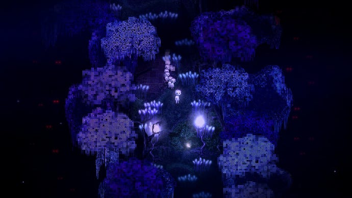 Dap - A small, all white character stands in a dark blue creepy forest with a group of identical small while characters following behind them.