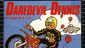 The original box art for very old tape game Daredevil Dennis. Featuring a cartoony representation of a motorbike rider, jumping into the air.