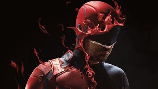 Daredevil season 3 poster featuring daredevil in black suit with red suit being burned off (stylistically) in flames