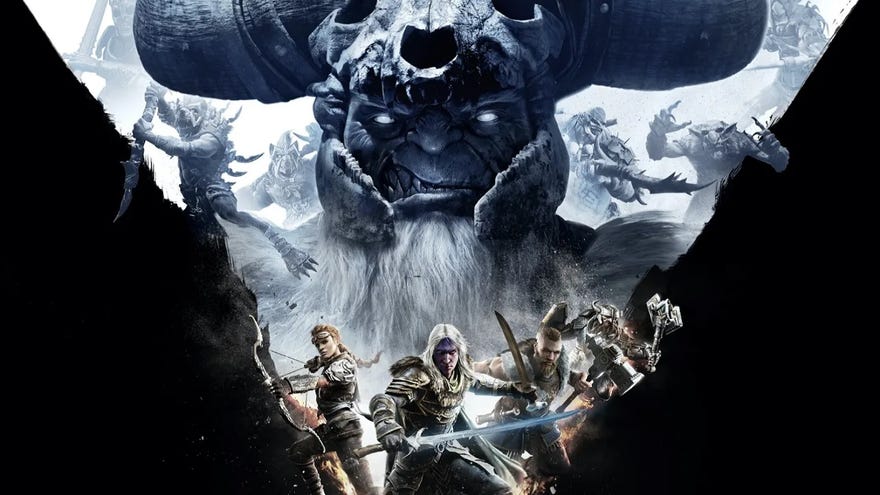 Art of a big ogre/troll dude overlooking some heroes in Dark Alliance.
