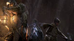 Dark and Darker class tier and builds: A knight, a rogue, and a wizard are walking through a dark stone corridor. The knight holds a lantern to light their way
