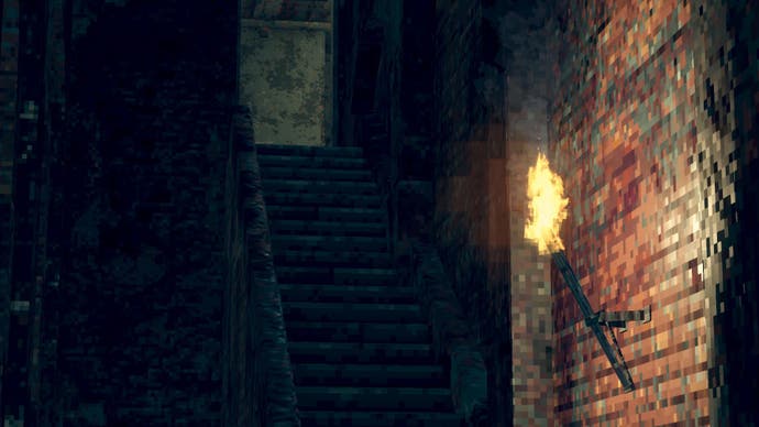 Un environnement de donjon sombre avec une torche sur le mur dans le mod Dark Souls Pixel Souls : Demastered