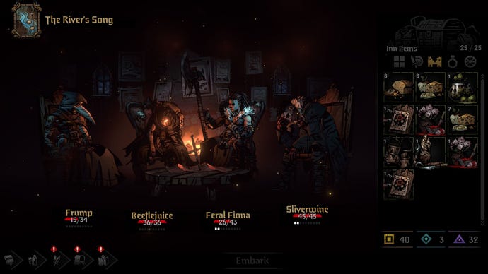 Characters gather round a campfire in Darkest Dungeon 2