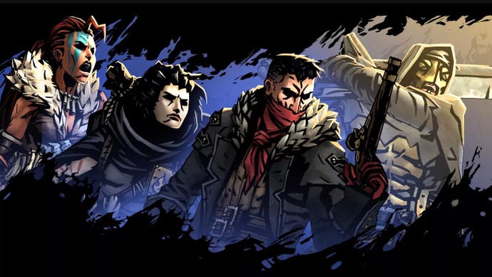 一幅插图，展示了四个英雄姿态的人物，向右看。