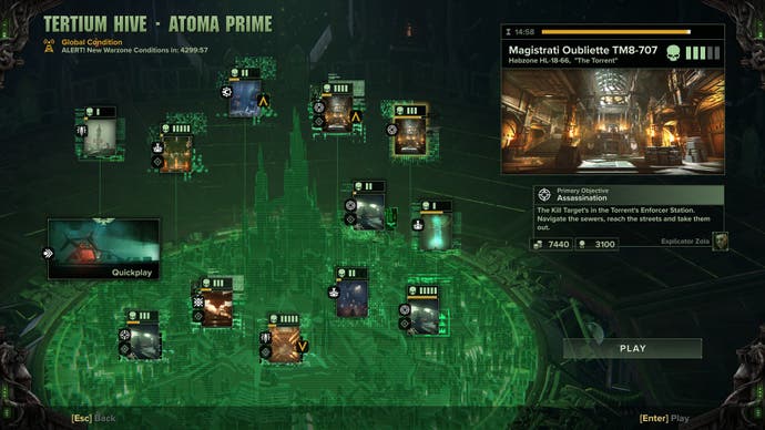 Darktide review - the mission select screen, showing twelve missions plus a quickplay option, over a techno-green background map of the hive