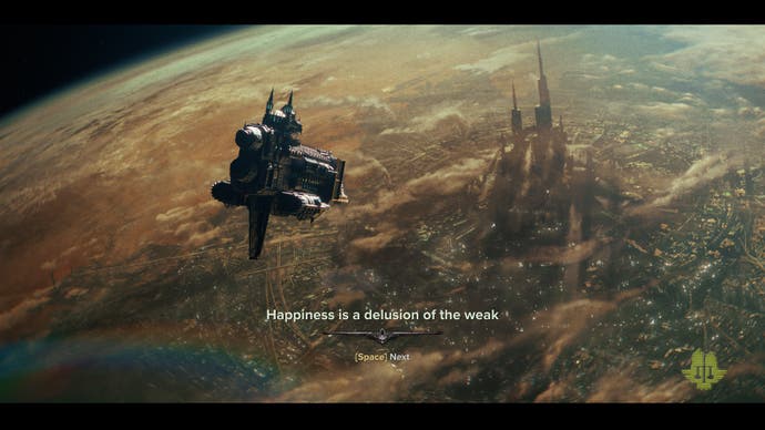 Darktide review - the familiar loading screen, with rotating 40k quotes. This one reads 'Happiness is the delusion of the weak.'