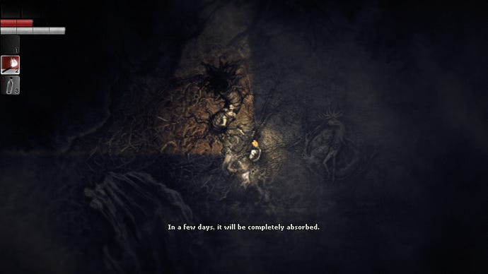 The protagonist of Darkwood examines, in torchlight, the body of a woman tied to a strange, worm-like growth coming out of the floor