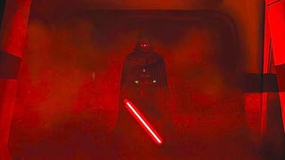 Screenshot of Darth Vader with his red lightsaber in Rogue One