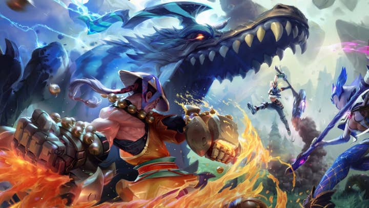 Three warriors fight a giant monster in Dauntless