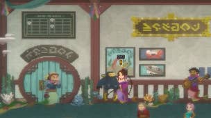 Dave the Diver runaway seahorses: A pixel man in a black diving suit is standing near a fish woman wearing a purple dress, in a crowded lounge room.