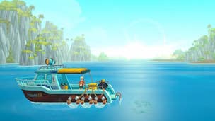 How to catch tuna in Dave the Diver: A white-haired man is standing on the deck of a pixel boat floating in bright blue water