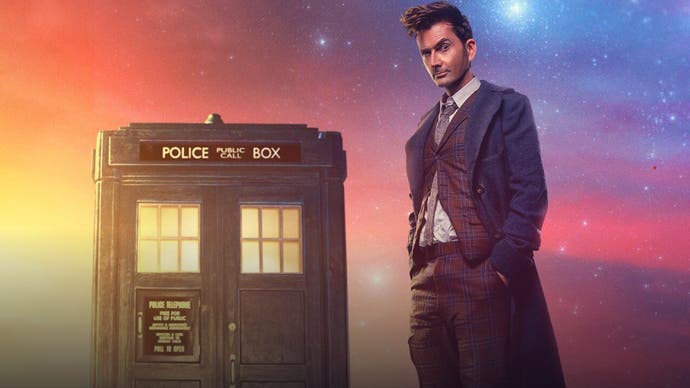 Doctor Who promotional image showing Fourteenth Doctor David Tennant standing next to the TARDIS.
