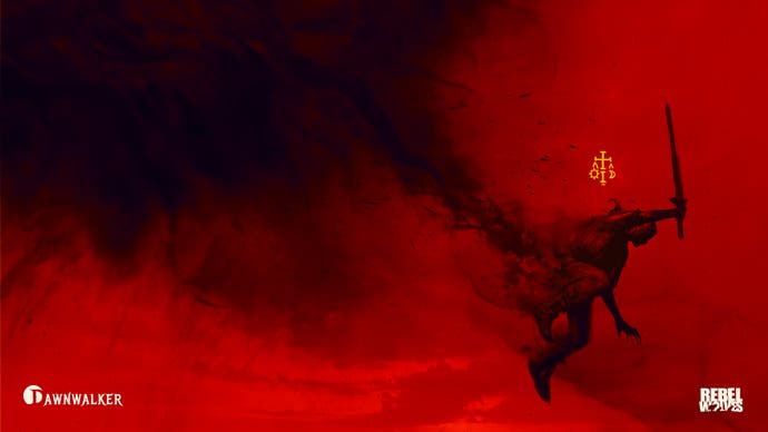 Red and black promotional artwork for Dawnwalker showing a warrior descending from the heavens with his sword aloft as a plume of smoke billows out his body behind him. Unknown yellow symbols can be seen above his head.