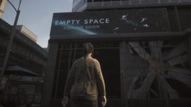 A survivor stands in front of a billboard for a film called "Empty Space" with the tagline "coming soon" in The Day Before.