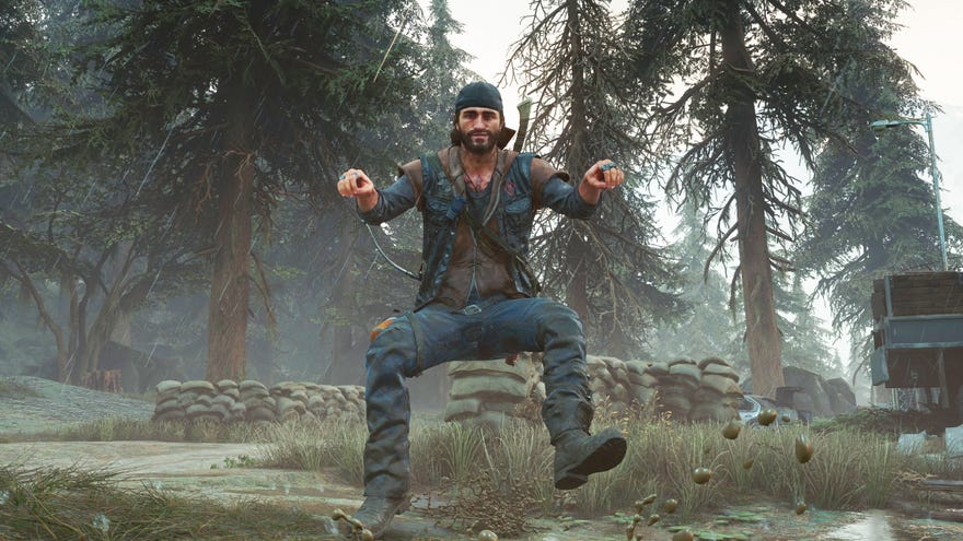 A screenshot of Deacon sitting in his motorbike pose (but without the bike onscreen) in Days Gone