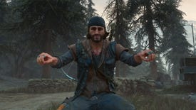 A screenshot of Deacon sitting in his motorbike pose (but without the bike onscreen) in Days Gone