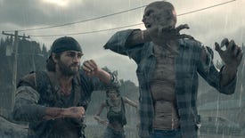 A screenshot of open world zombie drama Days Gone, showing a zombie taking a swing at a ducking protagonist.