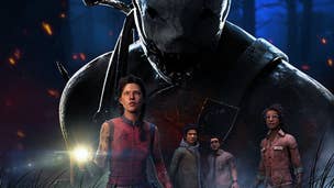 Key artwork for Dead by Daylight Mobile showing characters in the foreground with an evil looking villain looming large in the background.