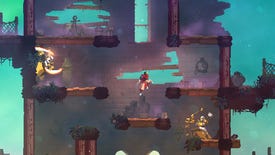 A screenshot from the game Dead Cells. The player's currently jumping through platforms in an underwater ship, surrounded by enemies.