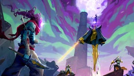 Key art from Dead Cells DLC The Queen And The Sea, which shows the protagonist face-off against the Queen and her guardians.