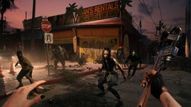 The player in Dead Island 2, wielding a wrench, stands on a street corner facing down a horde of zombies