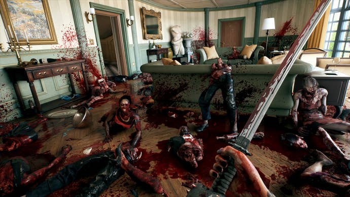 A player standing in a rest area full of slaughtered zombies while wielding a katana in Dead Island 2