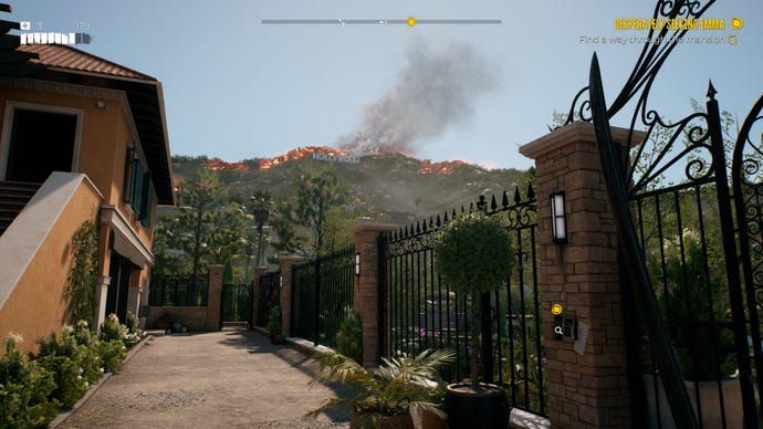 Standing in the garden of a Hollywood mansion, watching the hills around the hollywood sign burn in Dead Island 2