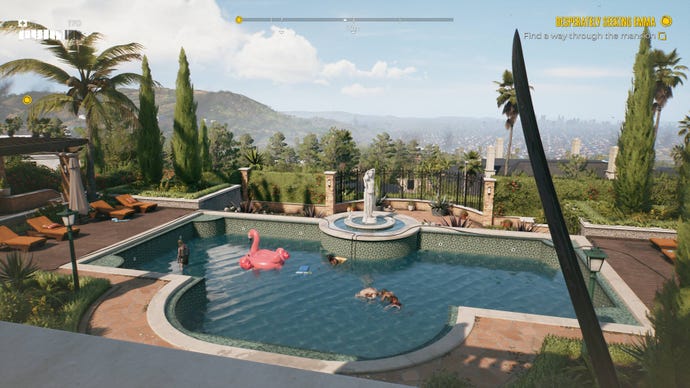 A view of a pool in a hollywood mansion, except the pool has a dead body in it because this is Dead Island 2
