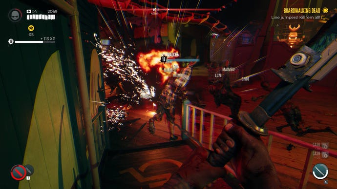 Many zombies being exploded in a screenshot of Dead Island 2 - the word 'maimed' is popping up from them a lot